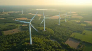 Aerial view of wind turbines in a vast green landscape with forests and agricultural fields below, photorealistic morning light