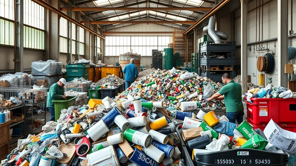Recycling facility with workers sorting various materials, natural lighting showing the circular economy process in action