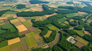 Aerial view of sustainable agricultural landscape with diverse crop fields, forests, and water retention systems creating mosaic pattern of green and brown earth, representing regenerative procurement practices in natural environment.