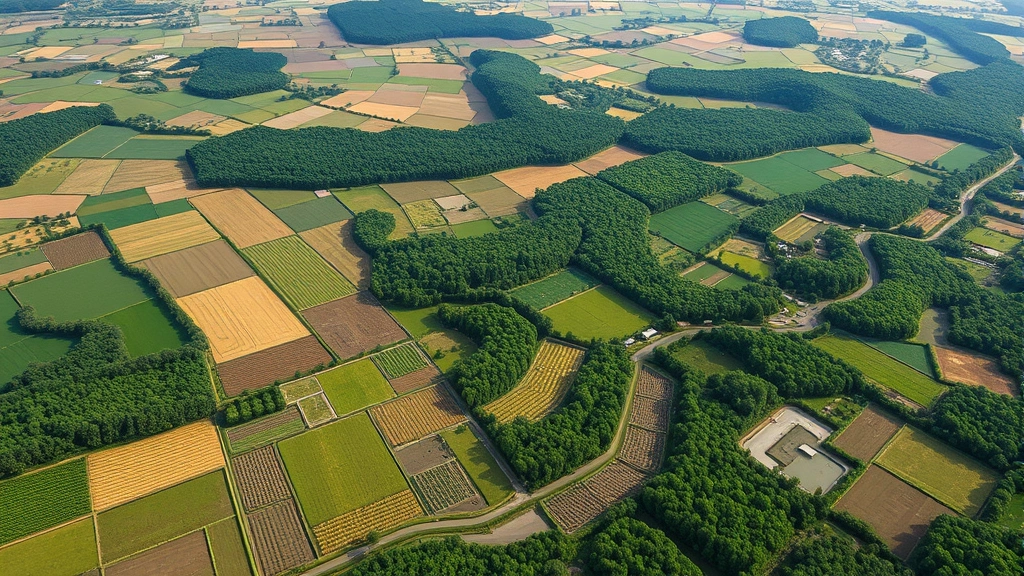 Aerial view of sustainable agricultural landscape with diverse crop fields, forests, and water retention systems creating mosaic pattern of green and brown earth, representing regenerative procurement practices in natural environment.