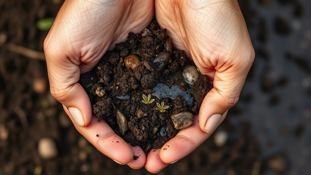 Close-up of hands holding soil rich with organic matter and microorganisms, water droplets visible, symbolizing ecosystem health and natural capital that underpins sustainable enterprise procurement decisions.