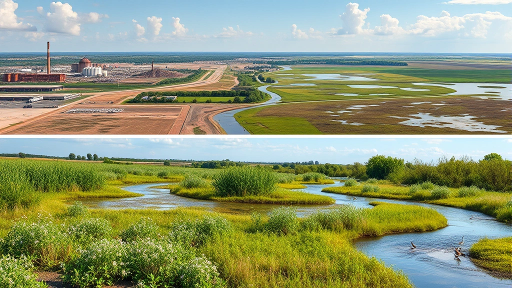 Wide landscape showing transition from degraded industrial area to restored wetland ecosystem with native vegetation, birds, and flowing water, illustrating ecosystem regeneration and business-environment integration success.