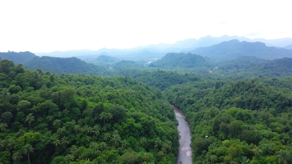 Aerial view of reforested tropical landscape with vibrant green canopy, pristine river valley, misty mountains in background, Costa Rican countryside, biodiversity hotspot, no text or labels