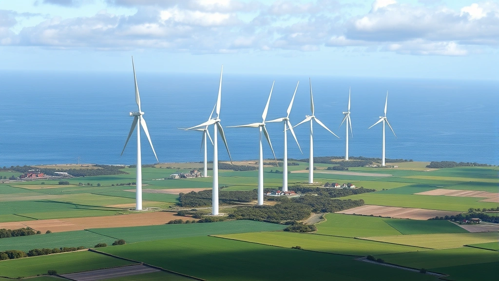 Modern wind turbines rotating in coastal landscape with green fields below, agricultural land integration with renewable energy infrastructure, Danish countryside, sustainable production environment, photorealistic