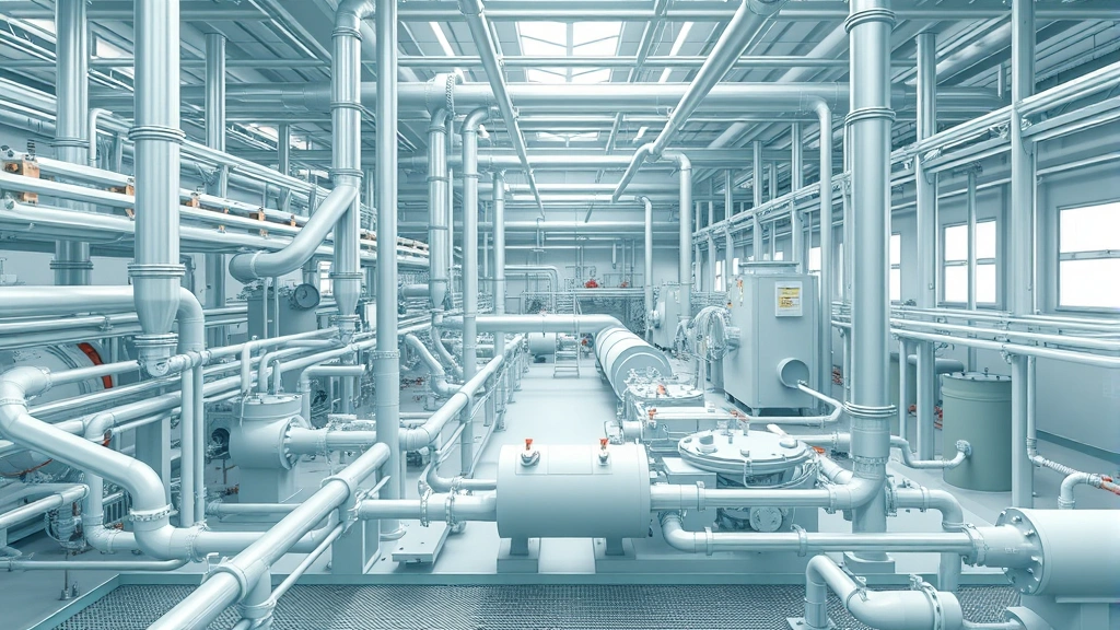 Industrial facility with interconnected pipes and systems, symbiotic manufacturing complex with waste-to-resource integration, multiple production processes in harmony, circular economy in action, no visible text or signage