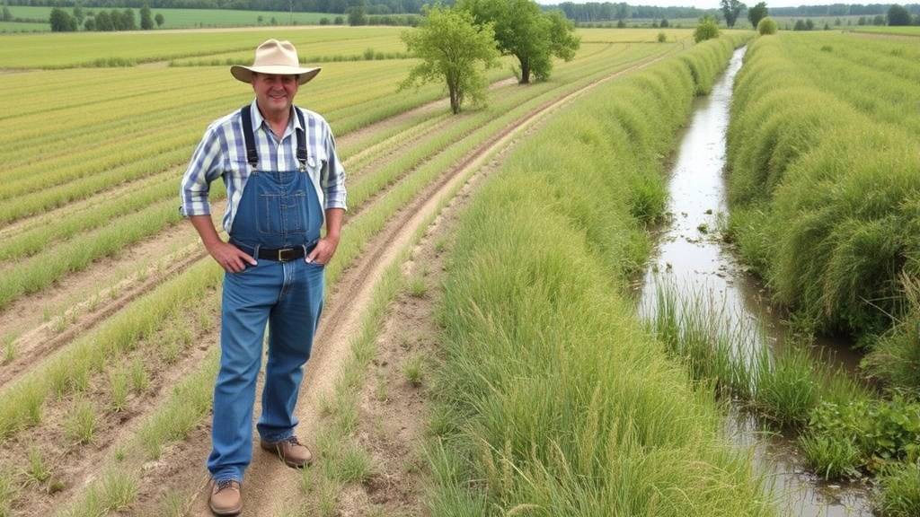 Farmer or land steward standing in productive agricultural field adjacent to preserved natural riparian buffer zone, illustrating sustainable land management and ecosystem service integration