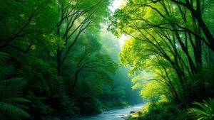 Lush green forest canopy with sunlight filtering through leaves, river flowing below, biodiversity visualization showing wildlife habitat thriving in natural ecosystem setting