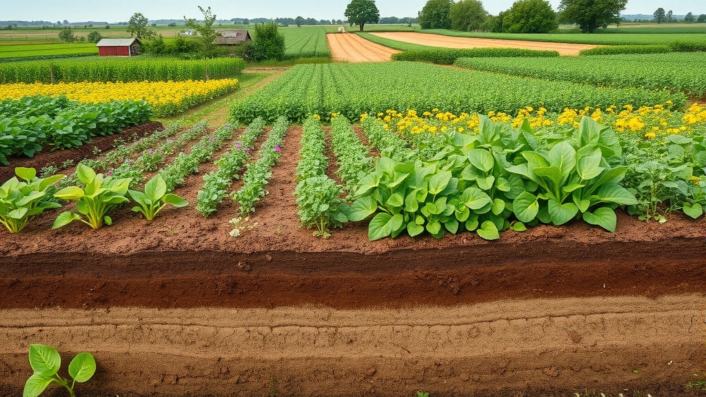 Diverse agricultural landscape with polyculture crops, pollinators like bees visible, natural pest control predators, healthy soil visible in cross-section, sustainable farming economics in action