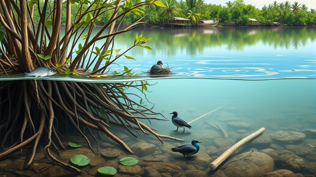 Coastal wetland ecosystem with mangrove roots, fish nursery habitat visible, birds nesting, water filtration process visualized, economic value of nature-based infrastructure demonstrated photorealistically