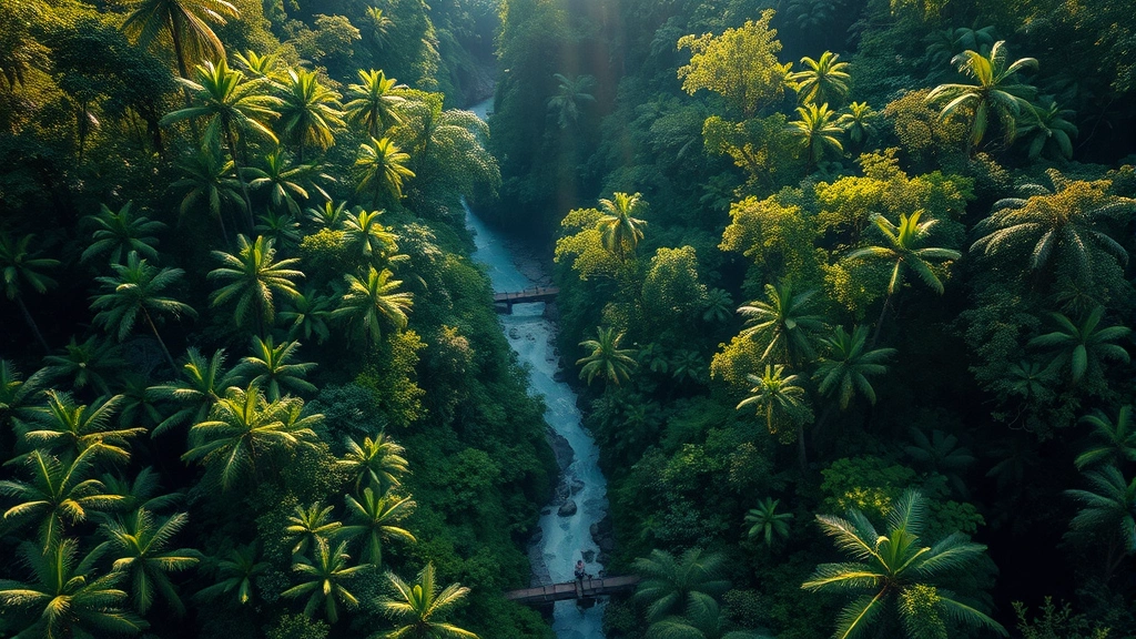 Aerial view of dense tropical rainforest canopy with river winding through, sunlight filtering through green leaves, pristine untouched wilderness, high resolution natural photography