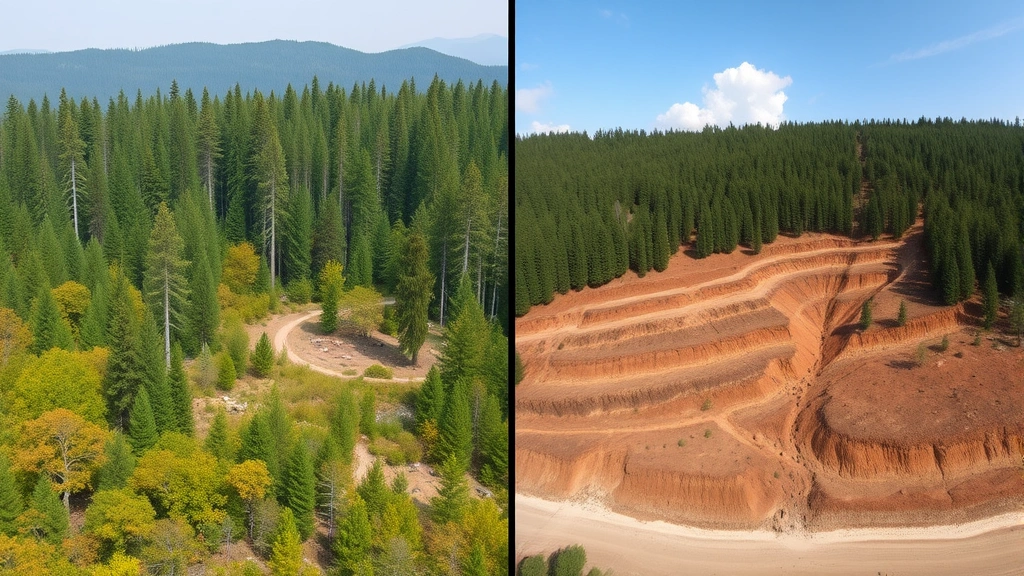 Split-screen comparison: left side shows thriving forest ecosystem with diverse vegetation and wildlife habitat, right side shows deforested cleared land with erosion patterns, ecological contrast visualization