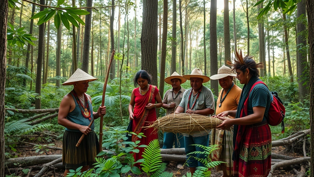 Indigenous community members in forest with sustainable harvesting practices, traditional ecological stewardship, diverse forest understory with medicinal plants and biodiversity, authentic cultural forest management