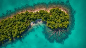 Aerial view of lush green mangrove forest coastline meeting turquoise ocean water, dense vegetation creating intricate root patterns, sunlight reflecting off shallow water, photorealistic nature photography showing healthy coastal ecosystem