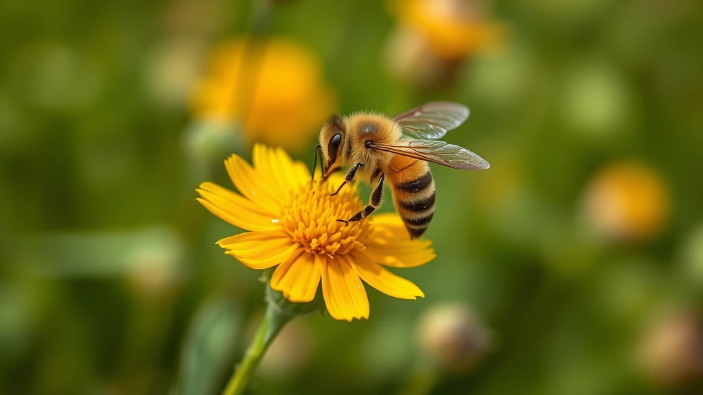Honeybee pollinating bright wildflower in natural meadow, macro photography showing bee covered in pollen, blurred green vegetation background, photorealistic detail of ecosystem service in action