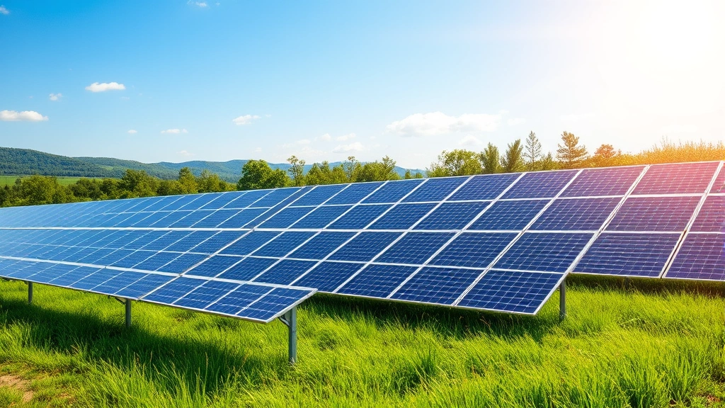 Solar panel farm in sunlight with green landscape and financial growth chart elements visible in background, photorealistic high resolution, no text or labels
