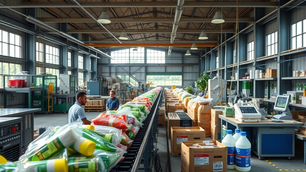 Circular economy manufacturing facility with recycled materials flowing through production line, workers in sustainable workspace, natural lighting, photorealistic detail