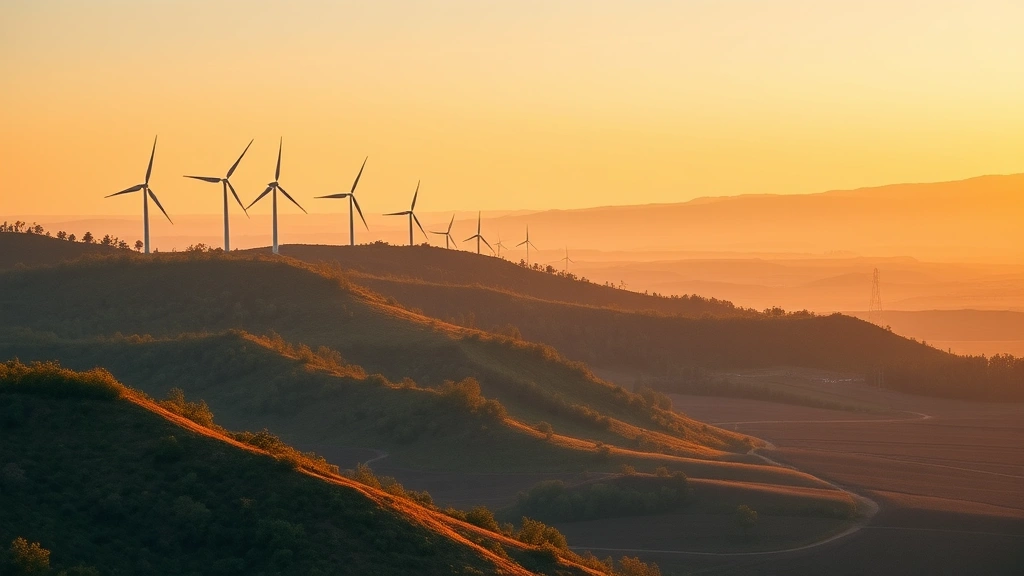Wind turbines on hillside overlooking agricultural valley with crop rotation patterns visible, golden hour lighting, ecosystem and renewable energy integration