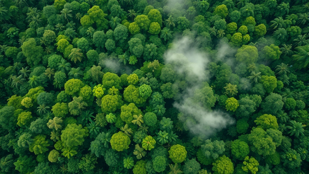 Aerial view of thriving tropical forest canopy with diverse green vegetation and mist rising from dense ecosystem, photorealistic nature photography emphasizing biodiversity and carbon sequestration capacity
