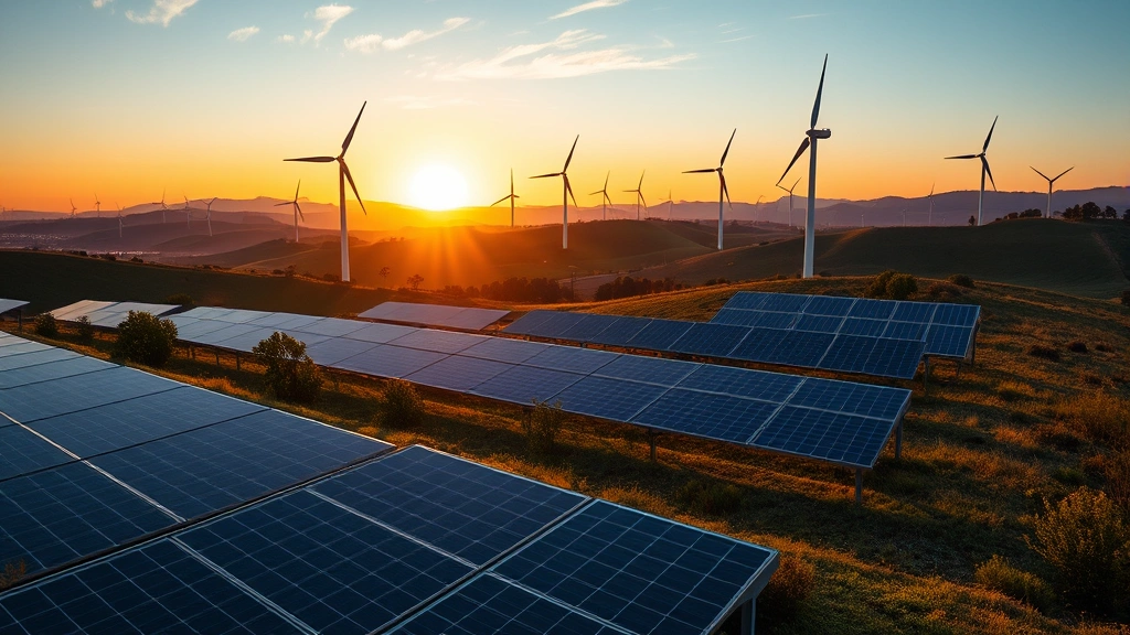 Solar panel farm landscape with wind turbines on rolling hills at sunset, representing green energy transition and renewable economy growth with natural beauty integration