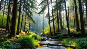 Diverse forest ecosystem with tall trees, understory vegetation, wildlife, and clear stream running through, demonstrating biodiversity and ecosystem health, morning light filtering through canopy, photorealistic, no text