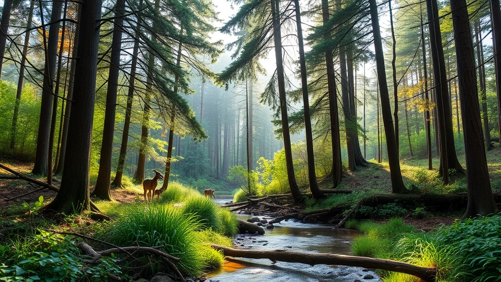 Diverse forest ecosystem with tall trees, understory vegetation, wildlife, and clear stream running through, demonstrating biodiversity and ecosystem health, morning light filtering through canopy, photorealistic, no text