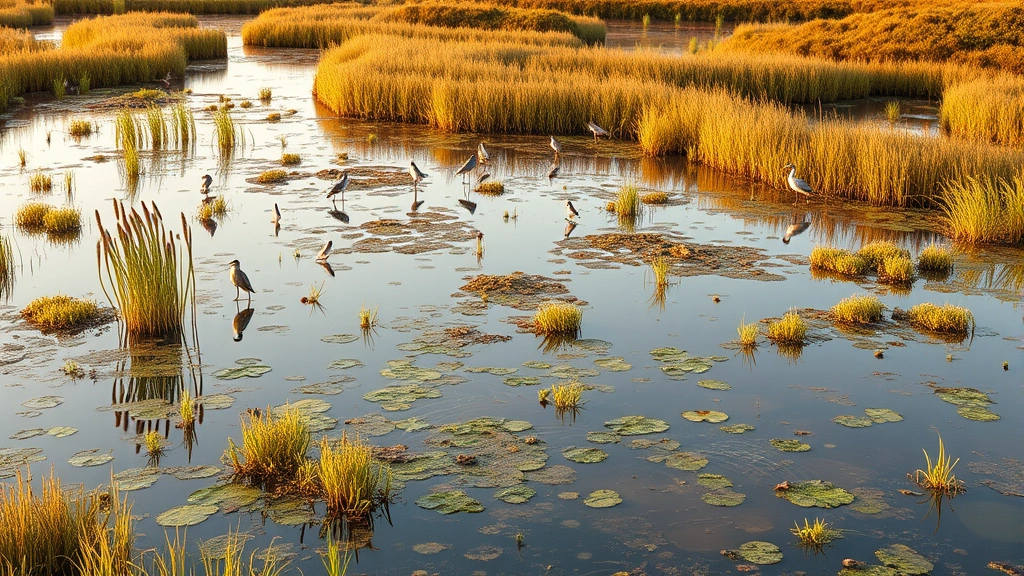 Restored wetland landscape with water, native plants, birds, and fish, showing ecosystem recovery and regeneration with surrounding natural vegetation, golden hour lighting, photorealistic, no text