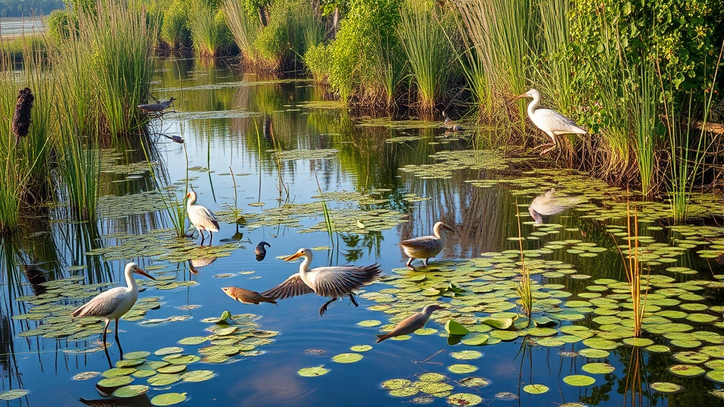 Wetland ecosystem with birds, fish, and aquatic plants visible, water reflecting surrounding vegetation, demonstrating ecosystem biodiversity and natural productivity in photorealistic detail