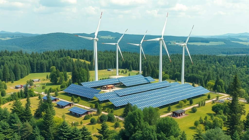 Modern renewable energy infrastructure—solar panels and wind turbines—integrated harmoniously with restored green landscape, forests, and wildlife habitats, showing sustainable development coexisting with nature, photorealistic, no text