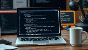Photorealistic image of MacBook Pro displaying Terminal window with Python code and environment setup commands, surrounded by coffee cup and developer workspace on wooden desk