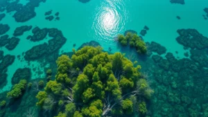 Aerial view of pristine mangrove forest meeting crystal clear turquoise water, showing intricate root systems and rich biodiversity, sunlight filtering through canopy creating natural patterns on water surface, vibrant green ecosystem thriving in coastal zone