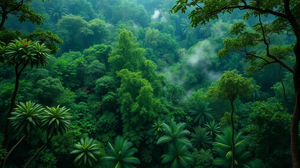 Lush tropical rainforest canopy from above with multiple vegetation layers, dense green foliage showing biodiversity hotspot, morning mist rising from forest floor, natural light creating depth and texture throughout layered ecosystem