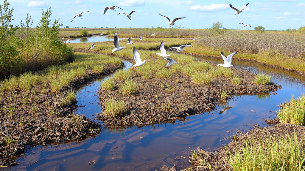 Restored wetland landscape with native vegetation, water birds in flight, clear water reflecting sky, healthy soil visible at water's edge, diverse plant species growing naturally, signs of ecosystem recovery and animal habitat establishment