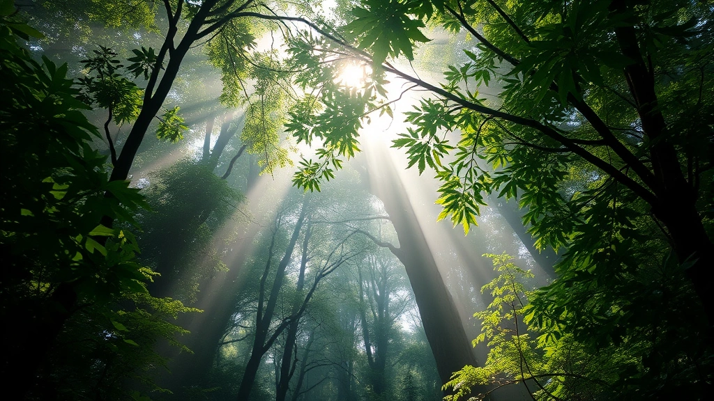 Lush forest canopy with sunlight filtering through dense green leaves, misty morning atmosphere, showing biodiversity and ecosystem health, photorealistic nature photography