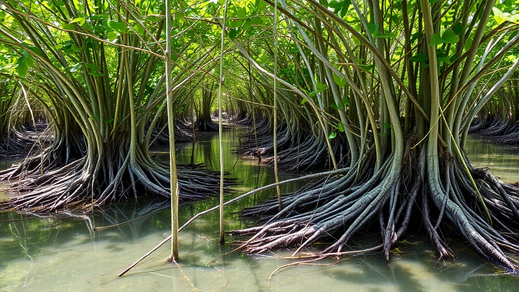Restored coastal mangrove forest with intricate root systems visible in shallow water, fisheries and storm protection ecosystem services, tropical wetland environment