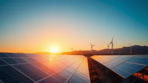 Solar panel farm at golden hour with wind turbines in distant mountains, clear blue sky, photorealistic landscape showing renewable energy infrastructure integration with natural environment