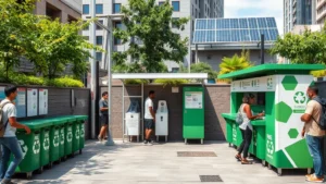 Urban sanitation facility with recycling stations, green infrastructure, solar panels, and community members accessing hygiene services in modern public facility setting