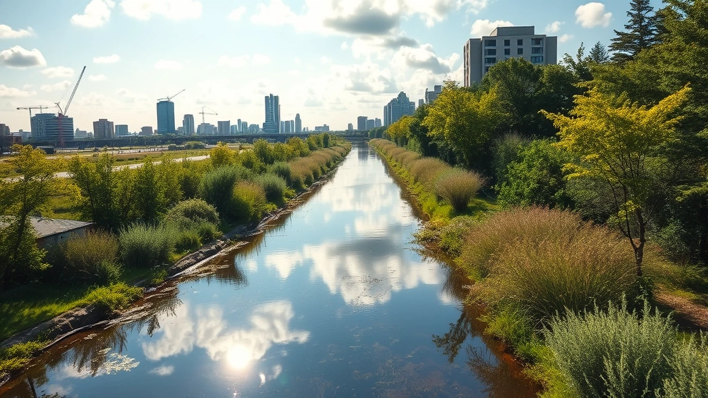 Aerial view of urban waterway with clear water reflecting sky, native vegetation along banks, and city buildings in background demonstrating ecosystem recovery
