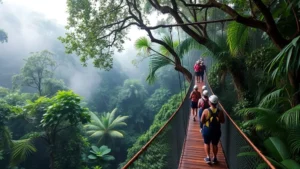 Lush rainforest canopy with suspended wooden walkway, tourists in safety gear observing wildlife, misty atmosphere, biodiversity evident in vegetation layers, natural lighting filtering through dense foliage