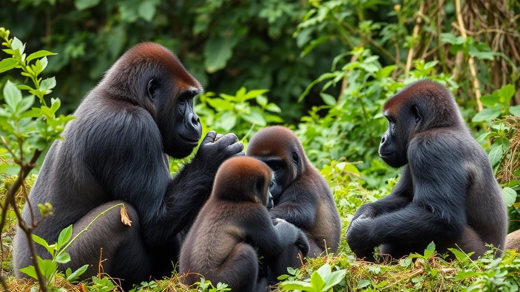 Mountain gorilla family in natural habitat with small group of observers maintaining distance behind marked boundary, verdant forest background, peaceful interaction demonstrating wildlife habituation management