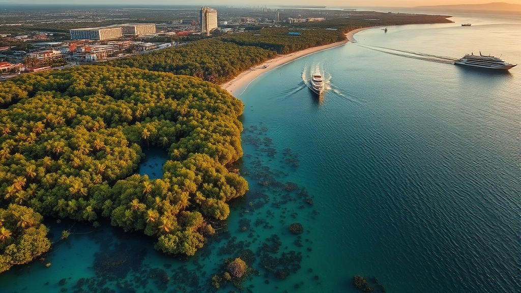 Coastal mangrove ecosystem showing both pristine water channels and visible human infrastructure in background, boat traffic present, sunset lighting, balance between natural beauty and tourism development