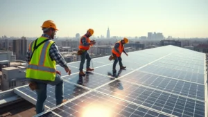 Solar panel installation workers on rooftop with cityscape background, professional safety equipment, mid-morning sunlight illuminating panels and workers, modern urban sustainable development