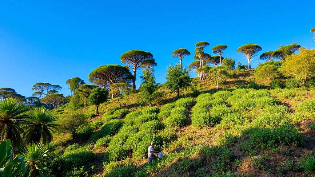 Lush reforested hillside with diverse native trees, clear blue sky, workers planting saplings, rich green vegetation, natural ecosystem restoration landscape, vibrant biodiversity