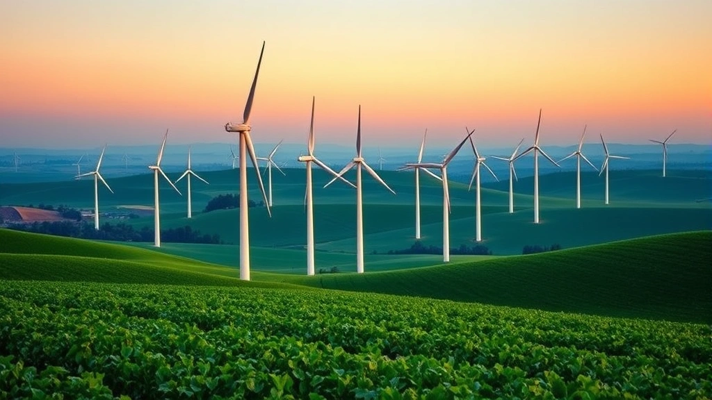Wind turbines in agricultural field with crops growing below, golden hour lighting, green rolling landscape, modern sustainable energy infrastructure integrated with farming, productive ecosystem