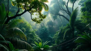 Lush tropical rainforest canopy with diverse vegetation layers, misty morning light filtering through dense foliage, showing biodiversity and ecological richness in photorealistic detail, no text or graphics