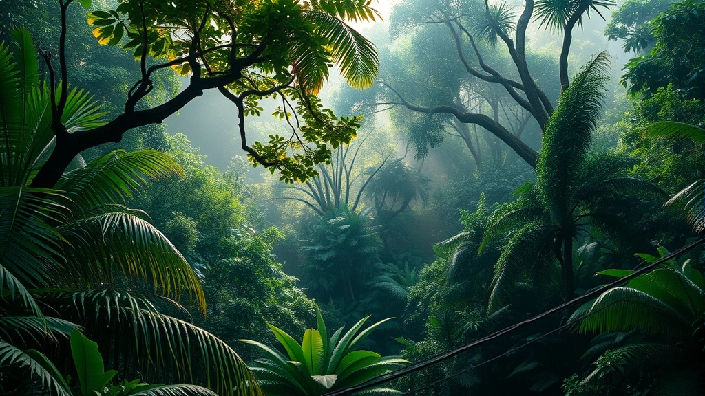 Lush tropical rainforest canopy with diverse vegetation layers, misty morning light filtering through dense foliage, showing biodiversity and ecological richness in photorealistic detail, no text or graphics