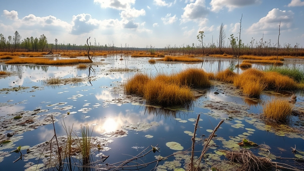 Wetland landscape with water reflection, native vegetation, and wildlife habitats, showing water filtration and ecosystem services, natural lighting with realistic water features, no text elements