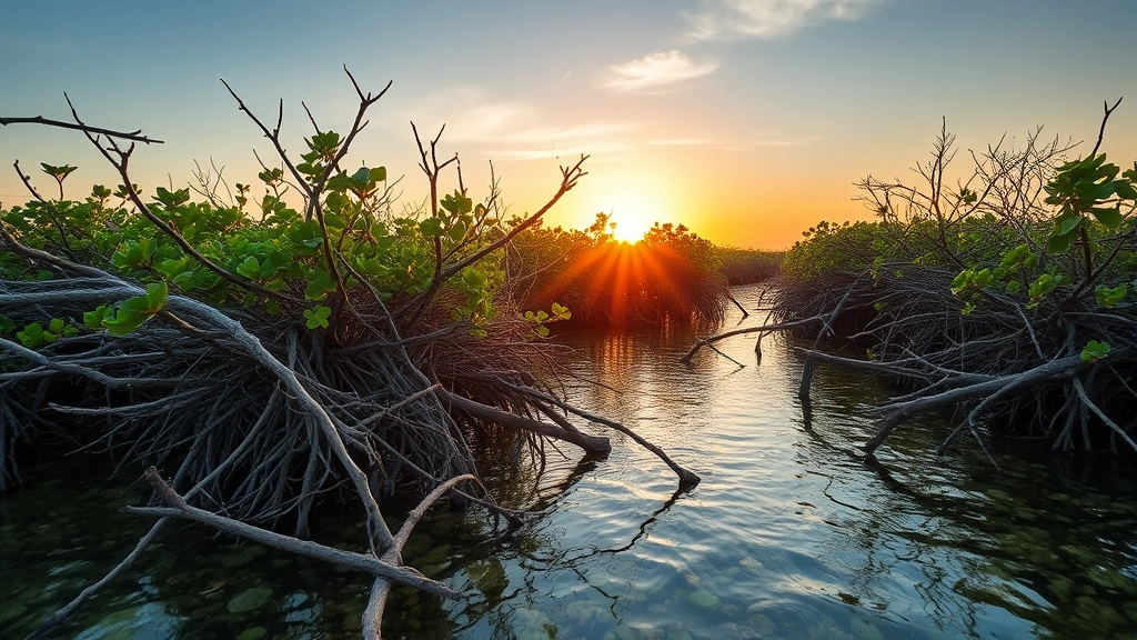 Coastal mangrove ecosystem with intricate root systems partially submerged, diverse marine life habitat, sunset lighting creating natural ambiance, photorealistic nature photography without annotations