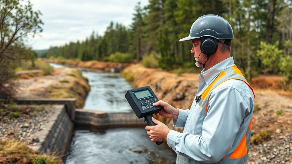 Environmental regulator conducting water quality testing at industrial facility discharge point, holding monitoring equipment, natural landscape with trees and river in background, photorealistic style, no text