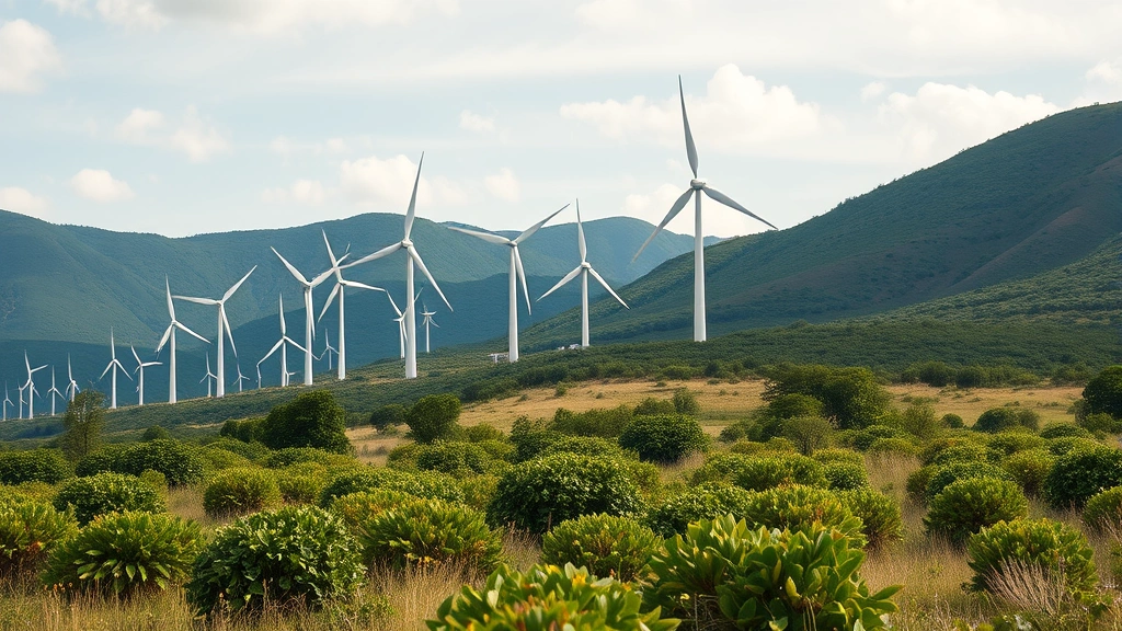 Wind turbines in natural landscape with healthy vegetation and wildlife habitat, representing renewable energy transition enabled by regulatory frameworks, photorealistic style, no text