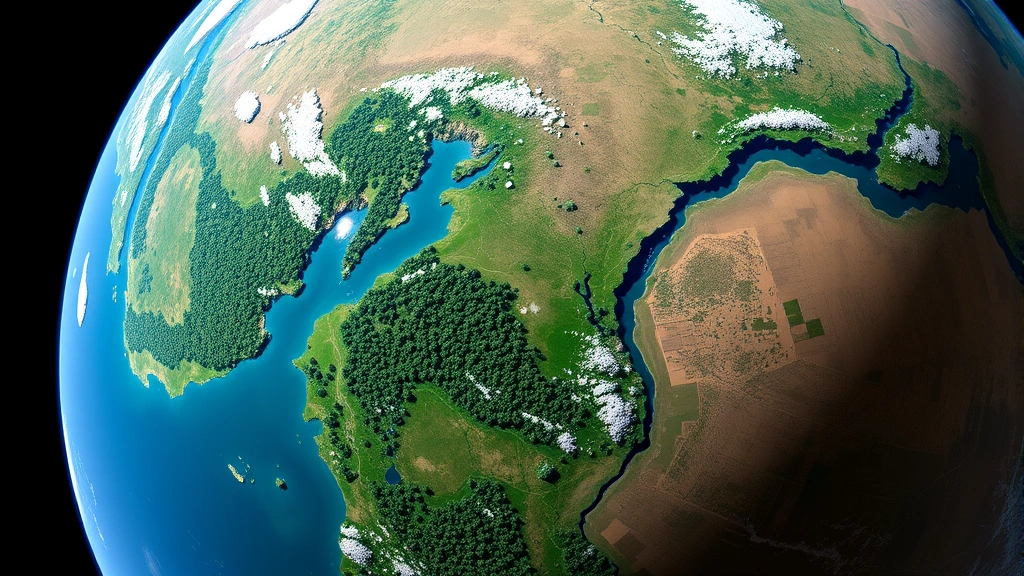 Satellite view of Earth showing vibrant green forests, blue waterways, and brown agricultural lands in patchwork pattern, high altitude perspective, natural colors, no text or labels